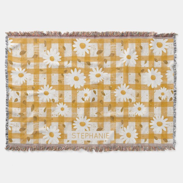 White Daisy Floral Pattern on Yellow Gingham (2) Decke (Vorderseite)