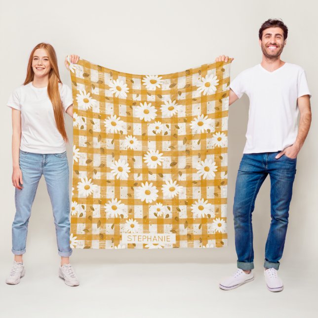 White Daisy Floral Pattern on Yellow Gingham (2) Fleecedecke (Beispiel)