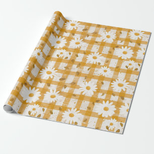 White Daisy Floral Pattern on Yellow Gingham (2) Geschenkpapier