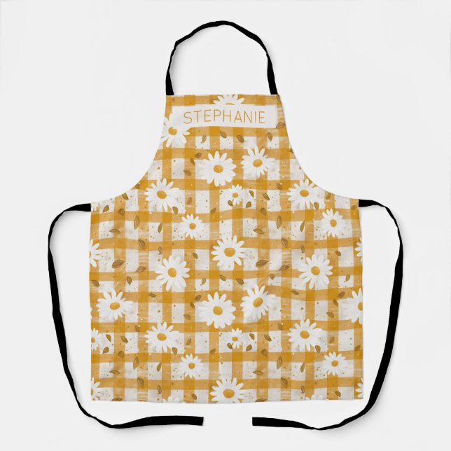 White Daisy Floral Pattern on Yellow Gingham (2) Schürze (Vorderseite)