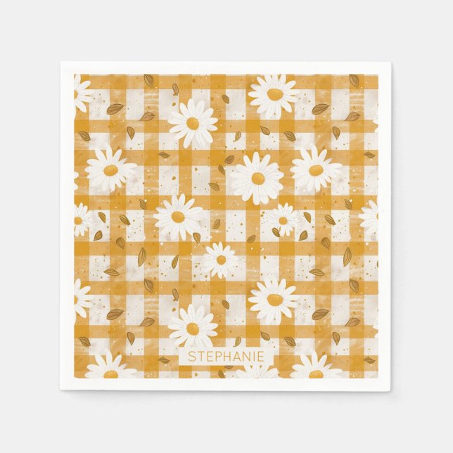 White Daisy Floral Pattern on Yellow Gingham (2) Serviette (Vorderseite)