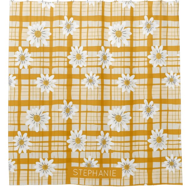 White Daisy Floral Pattern on Yellow Gingham Duschvorhang (Vorderseite)