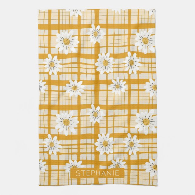White Daisy Floral Pattern on Yellow Gingham Geschirrtuch (Vertikal)