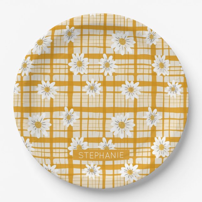 White Daisy Floral Pattern on Yellow Gingham Pappteller (Vorderseite)