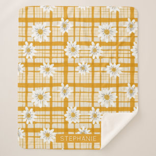 White Daisy Floral Pattern on Yellow Gingham Sherpadecke