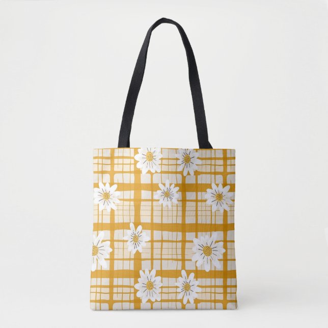 White Daisy Floral Pattern on Yellow Gingham Tasche (Vorderseite)