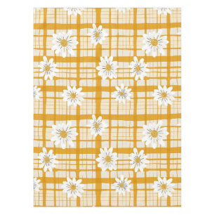 White Daisy Floral Pattern on Yellow Gingham Tischdecke