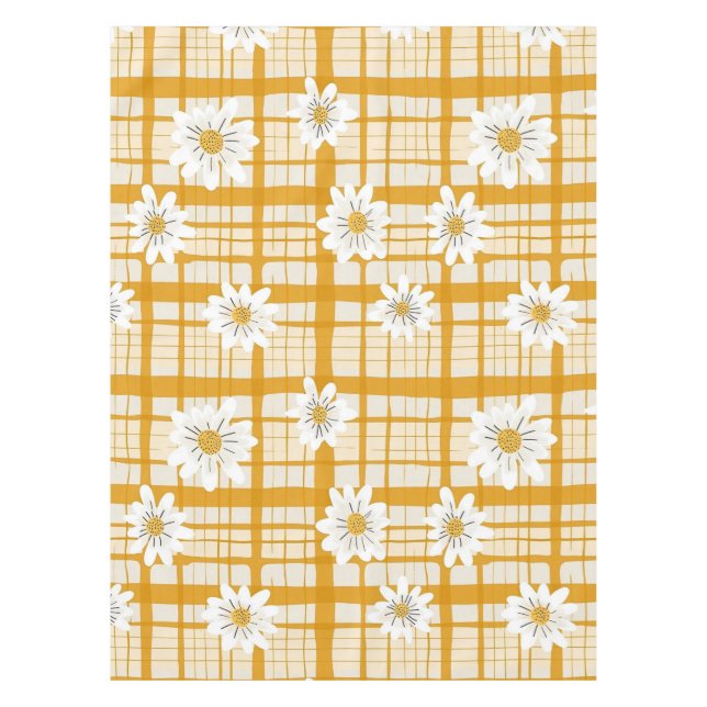 White Daisy Floral Pattern on Yellow Gingham Tischdecke (Vorderseite)
