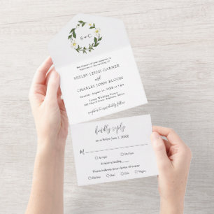 White Daisy Floral Rustic Wedding All In One Einladung