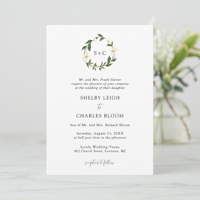 White Daisy Floral Rustic Wedding Einladung (Stehend Vorderseite)