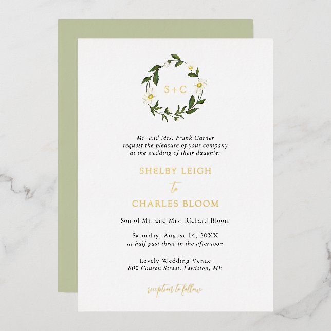 White Daisy Floral Rustic Wedding Folieneinladung (Vorderseite/Rückseite)