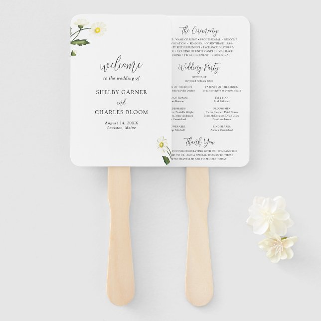 White Daisy Floral Rustic Wedding Programm Fächer (Vorne und Hinten)