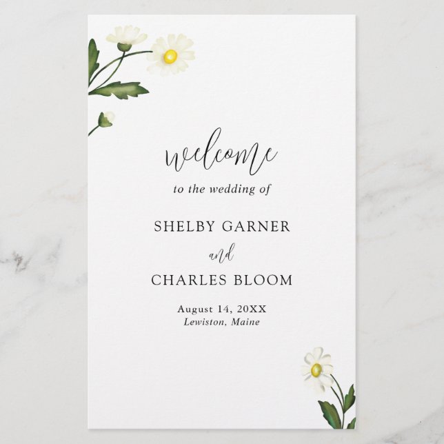 White Daisy Floral Rustic Wedding Programme (Devant)