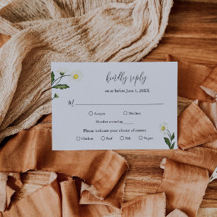 White Daisy Floral Rustic Wedding RSVP Karte