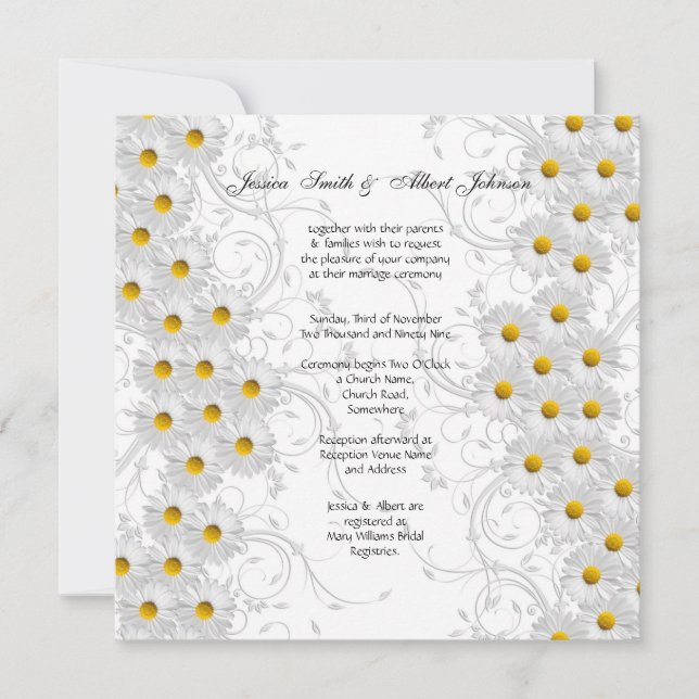 White Daisy Floral Wirbel Einladung Hochzeit (Vorderseite)