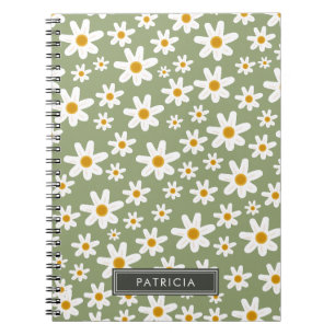 White Daisy Florals Muster Grün Personalisiert Notizblock