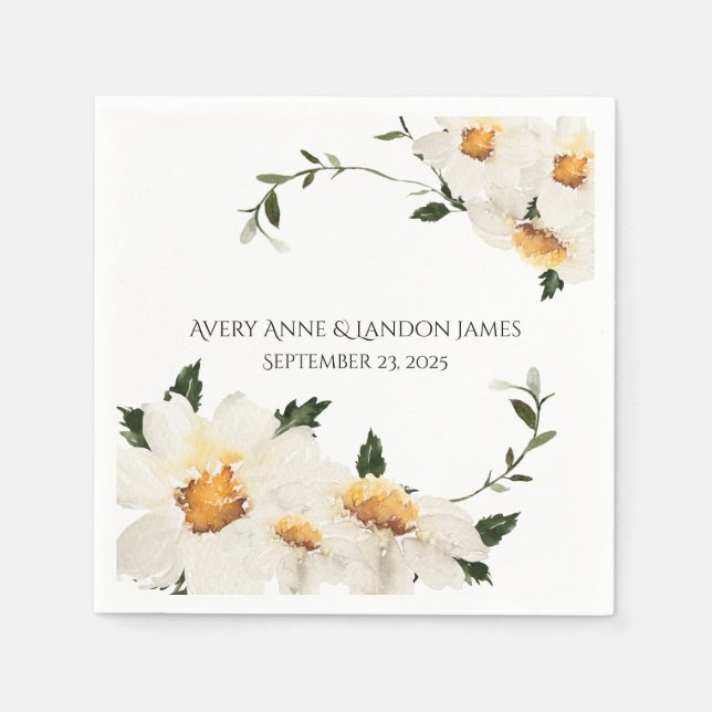 White Daisy Greenery Personalisiert Moderne Hochze Serviette (Vorderseite)