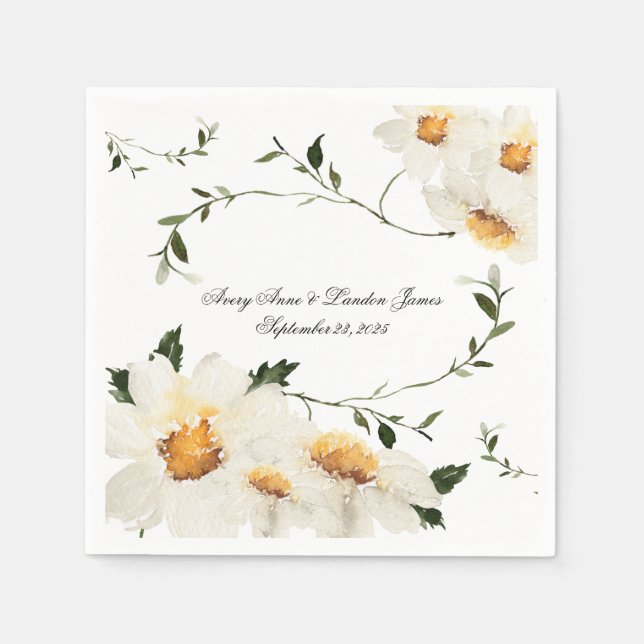 White Daisy Greenery Personalisierte Hübsche Hochz Serviette (Vorderseite)