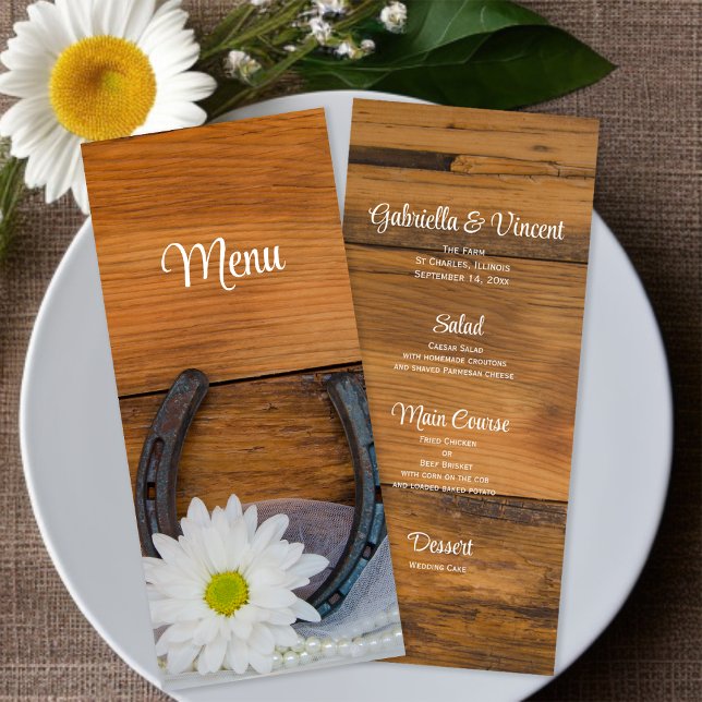 White Daisy Horseshoe Country Western Wedding Menu Menükarte (Von Creator hochgeladen)