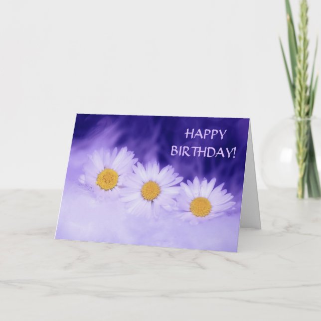 White Daisy Lila Happy Birthday Karte (Vorderseite)