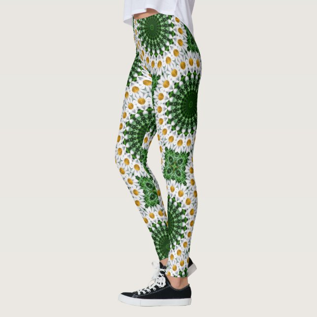White Daisy Mandala mit Fresh Green Symmetrie Leggings (Links)