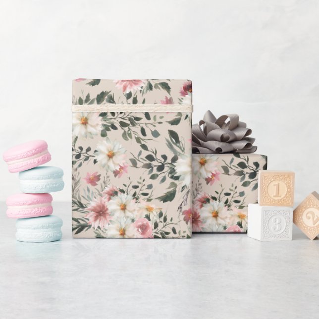 White Daisy mit Mauve Garden Print Wrapping Paper Geschenkpapier (Babyparty)