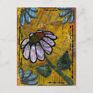 White Daisy on Yellow Background - Collage Postkarte
