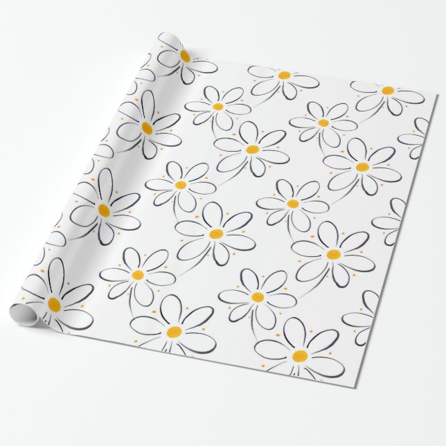 White Daisy Pattern Geschenkpapier (Ungerollt)
