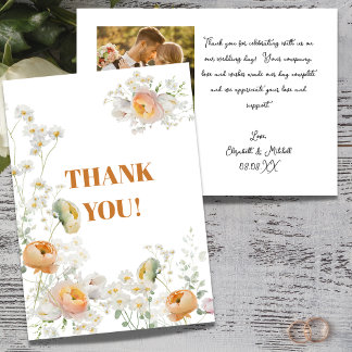 White Daisy Peach Floral Wedding Danke Karte