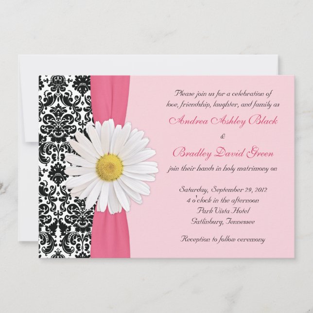 White Daisy Pink Black Damask Einladung (Vorderseite)