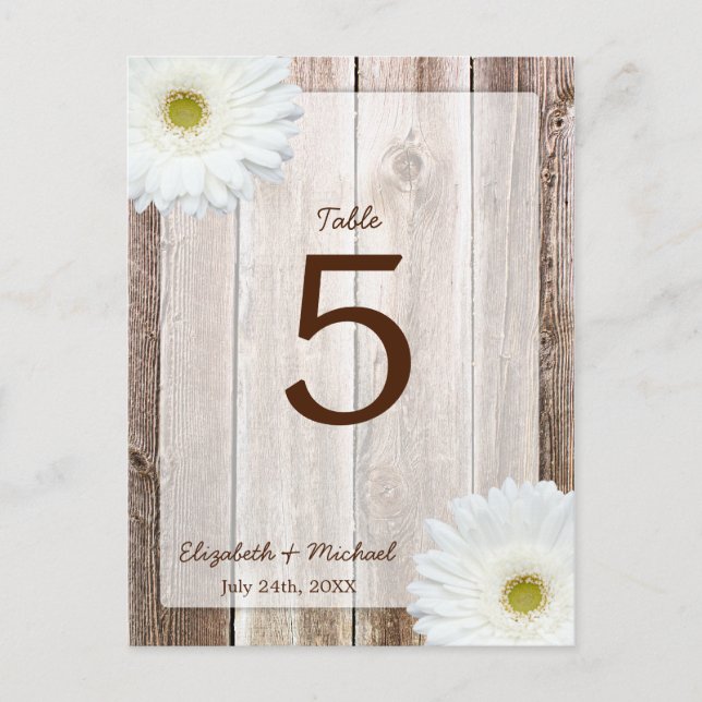 White Daisy Rustic Barn Wood Wedding Tischnummer (Vorderseite)