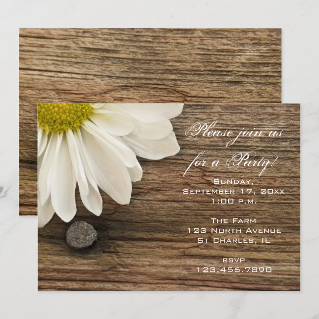 White Daisy und Barn Wood General Party Einladung (Vorne/Hinten)