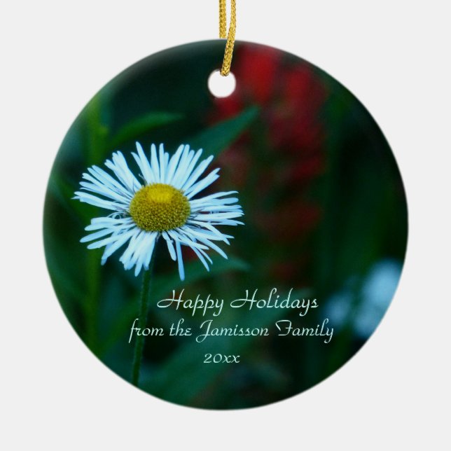 White Daisy Wildblume Weihnachtsschmuck, Rundgang Keramikornament (Vorne)