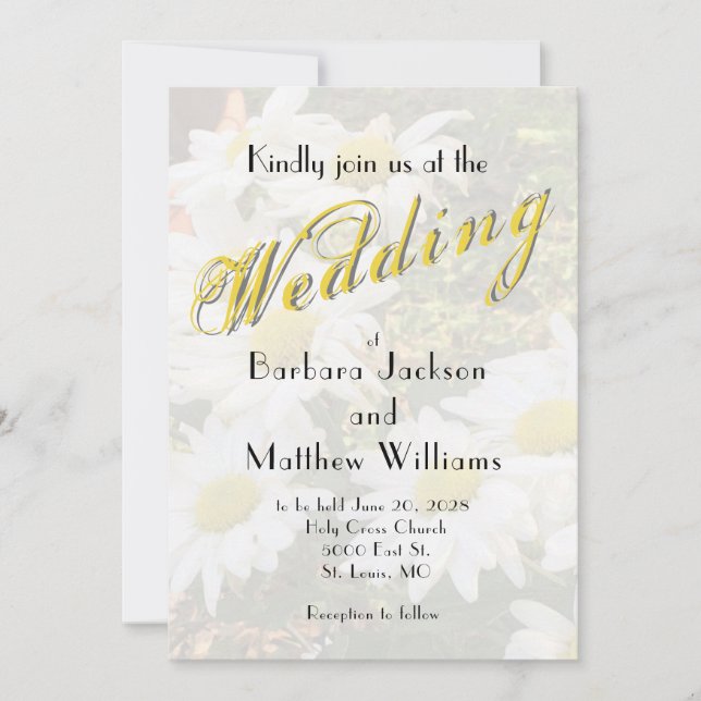 White Daisy Yellow Gold Script BoHo Spring Wedding Einladung (Vorderseite)