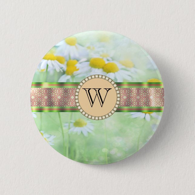 White Daisy's in Green Meadow Monogram Button (Vorderseite)