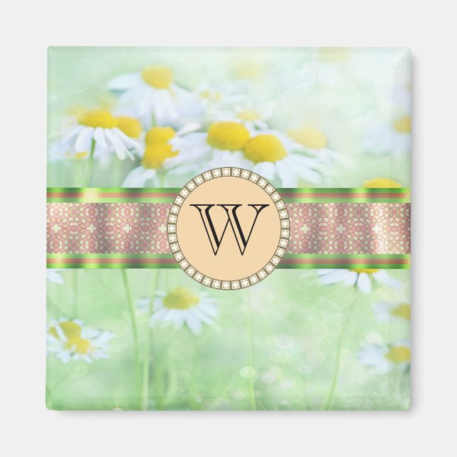 White Daisy's in Green Meadow Monogram Magnet (Vorne)