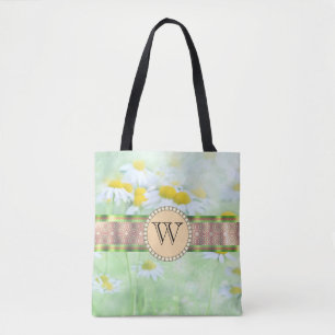 White Daisy's in Green Meadow Monogram Tasche