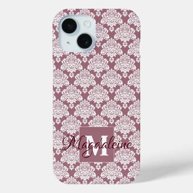 White Damask auf Mauve Monogram und Name Hübsch Case-Mate iPhone Hülle (Rückseite)