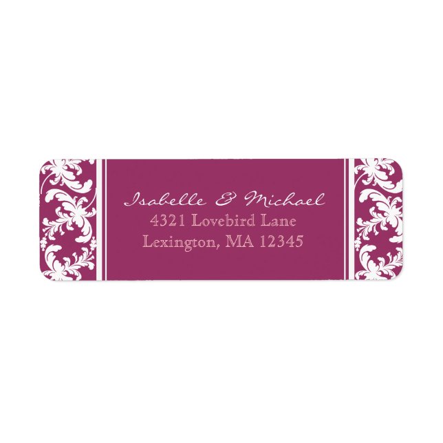 White Damask Floral on Wine Couples Anschrift Labe (Vorne)
