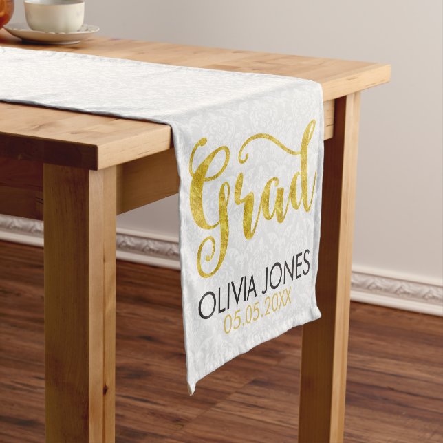 White Damask Gold Typografie - Abschlüsse Kurzer Tischläufer (Beispiel)