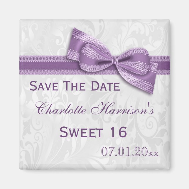 White Damask & Imitate Bow Sweet 16 Save the Date Magnet (Vorne)