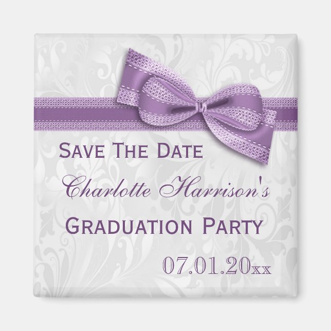 White Damask & Imitats Bow Abschluss Save the Date Magnet (Vorne)