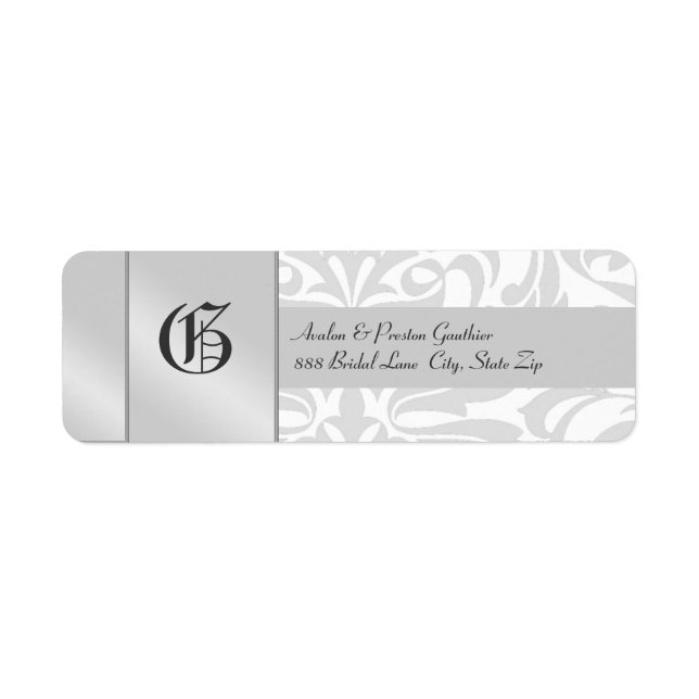 White Damask Monogram Silver Wedding Address Label (Vorne)