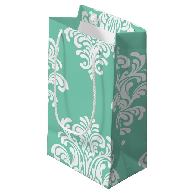 White Damask on Aqua Pattern Kleine Geschenktüte (Vorderseite Schrägansicht)