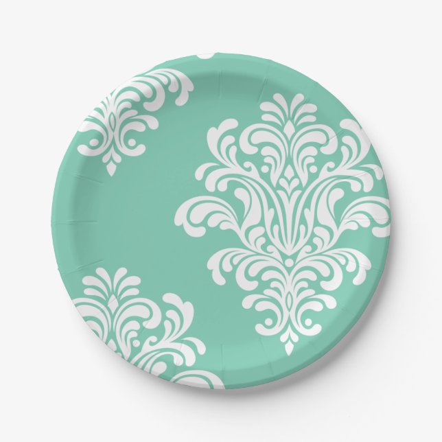 White Damask on Aqua Pattern Pappteller (Vorderseite)