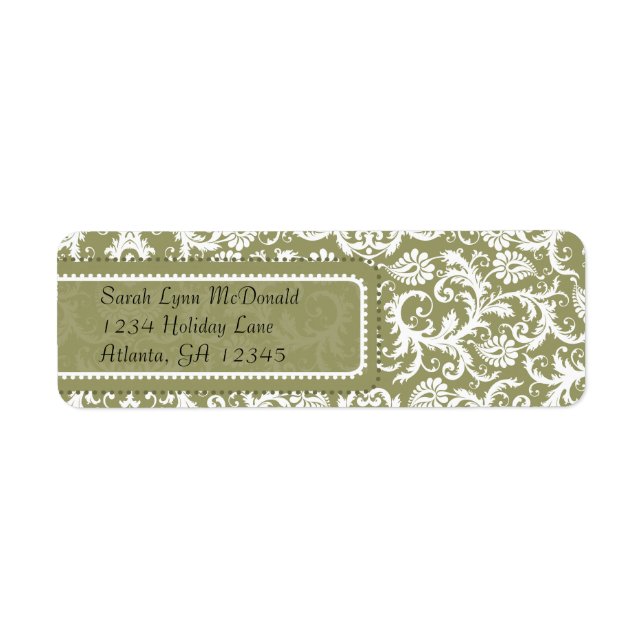 White Damask on Olive Green Gray Rücksendeadresse (Vorne)