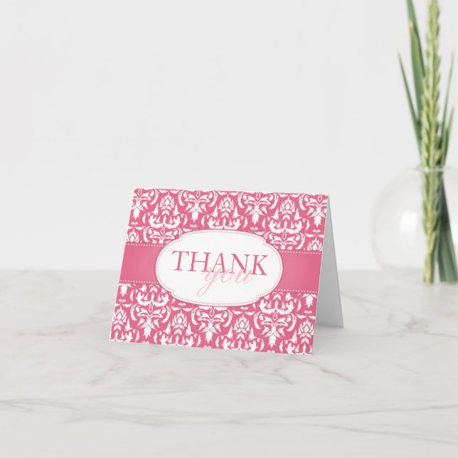 White Damask on Pink Blank Wedding Danke Karte (Vorderseite)