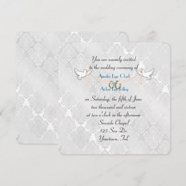 White Damask Shimmer Wedding Einladung (Vorne/Hinten)