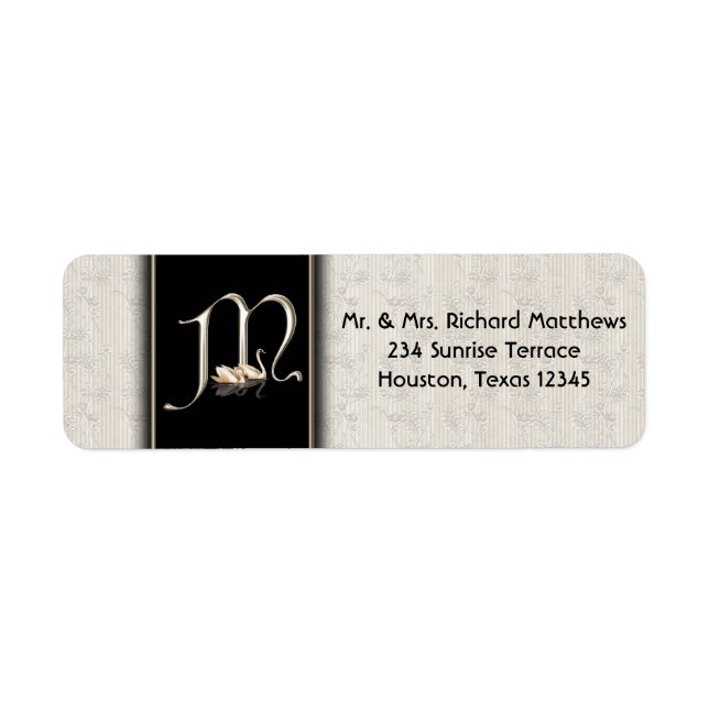 White Damask Swans Monogram M Address Labels (Vorne)