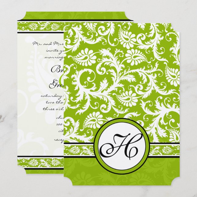 White Damask Wirbel Apple Green Wedding Einladung (Vorne/Hinten)